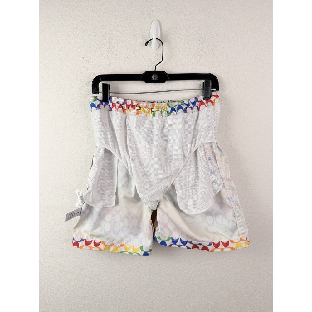 Coach Signature Swim Trunks Men M Multicolor Logo Print Drawstring Shorts Beach - Picture 7 of 8